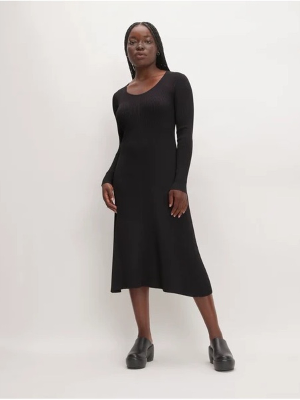 Everlane Black Ribbed Long-Sleeve Scoopneck Midi Dress